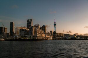 Captivating view of Auckland's skyline featuring the Sky Tower at dusk.